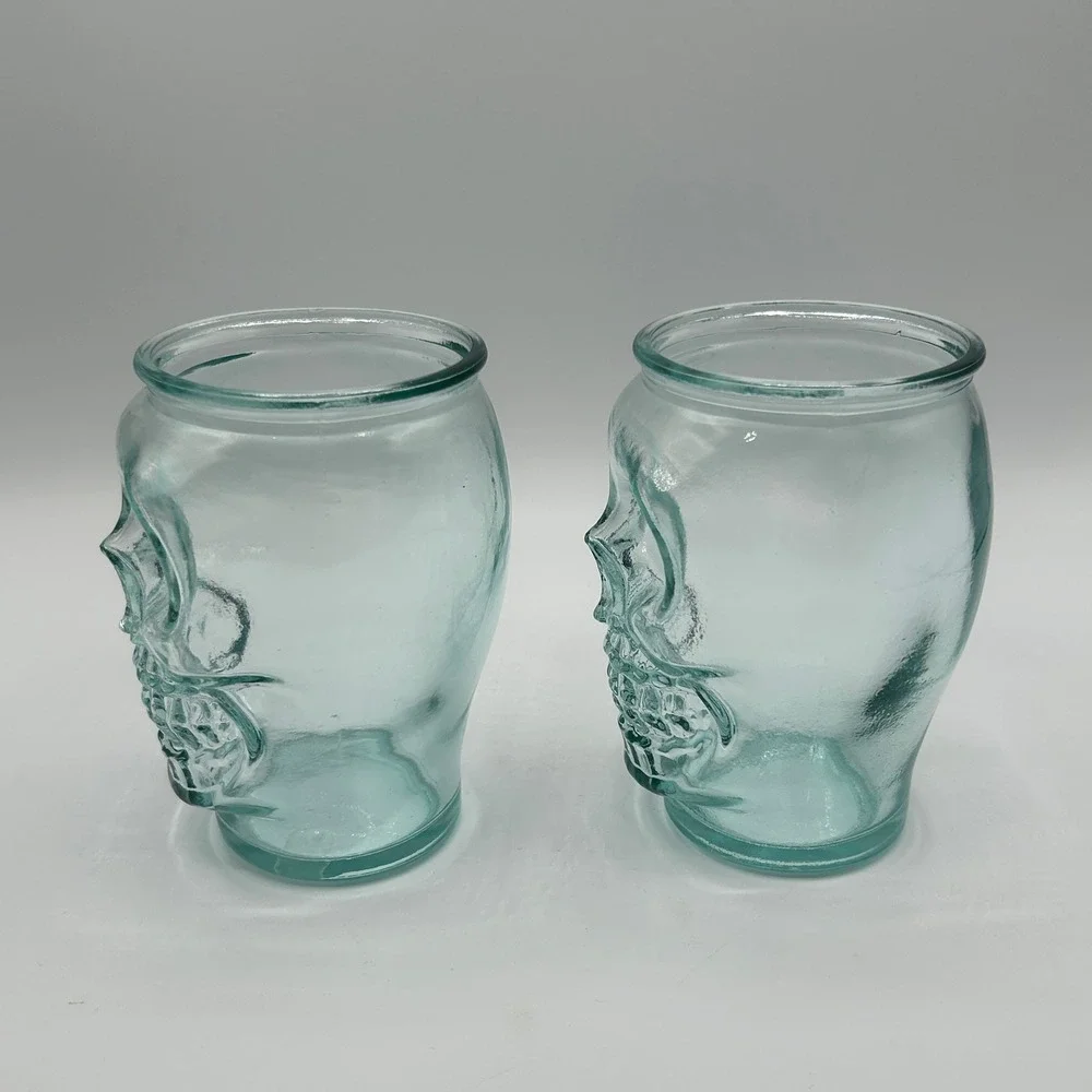Set of 2 Recycled Aqua Blue Glass Skull Tumblers Gothic Halloween Barware Party